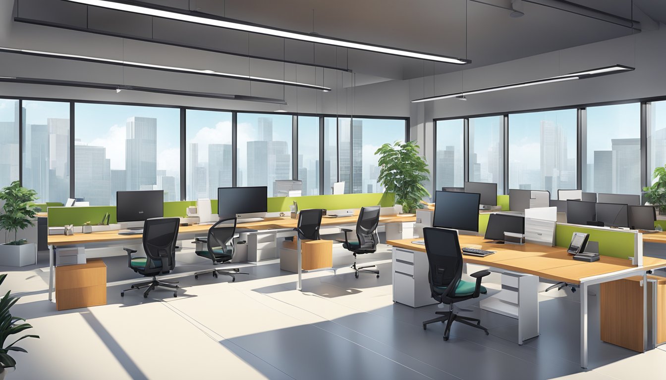 A modern, open-concept office space with sleek furniture and vibrant accent colors. Large windows flood the room with natural light, creating a welcoming and productive environment