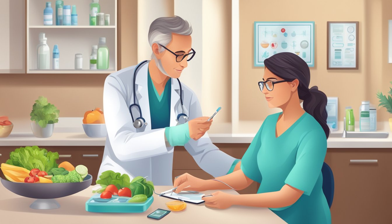 A doctor monitors vital signs and adjusts medication while a patient exercises and follows a heart-healthy diet