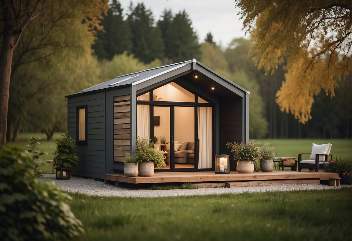 A small, cozy tiny house with a simple design, about 100-400 square feet, nestled in a serene natural setting