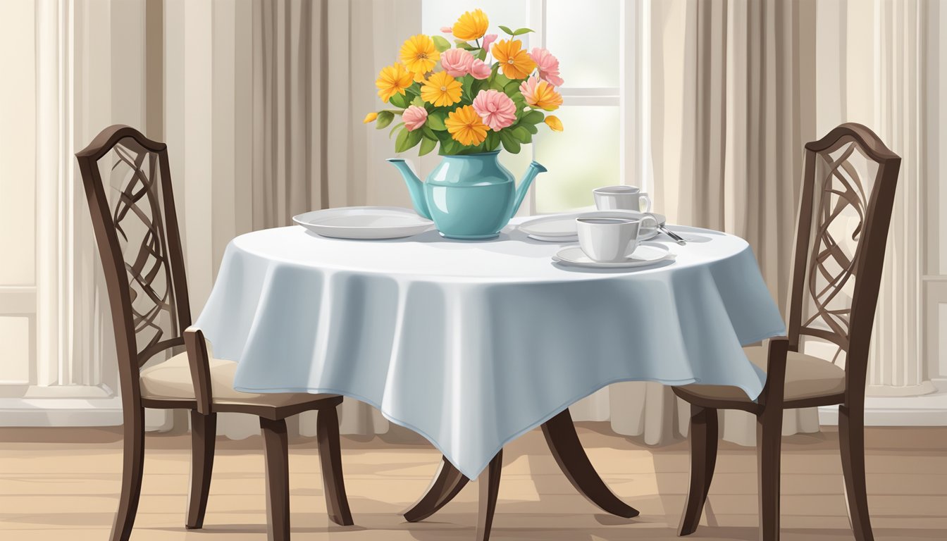 A small dining table set with two chairs, a vase of flowers, and a neatly folded tablecloth