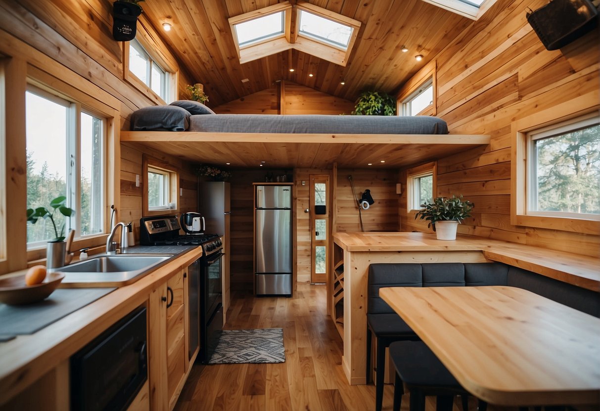 A tiny house, typically under 400 square feet, with a loft, kitchen, living area, and bathroom