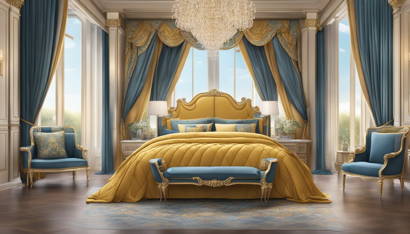 A grand, regal bed dominates the room, adorned with luxurious fabrics and towering headboard, fit for a king