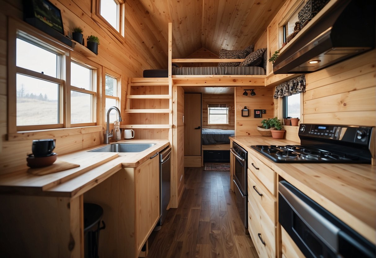 A cozy, compact Tiny House, measuring less than 400 square feet, with a lofted bed, compact kitchen, and a small living area