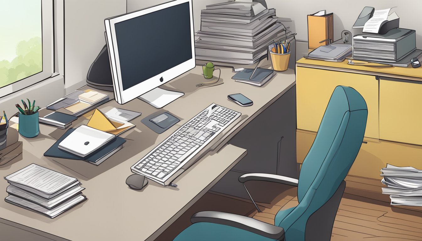 A cluttered desk with a computer, phone, and papers. A swivel chair sits behind the desk, with a filing cabinet and bookshelf nearby