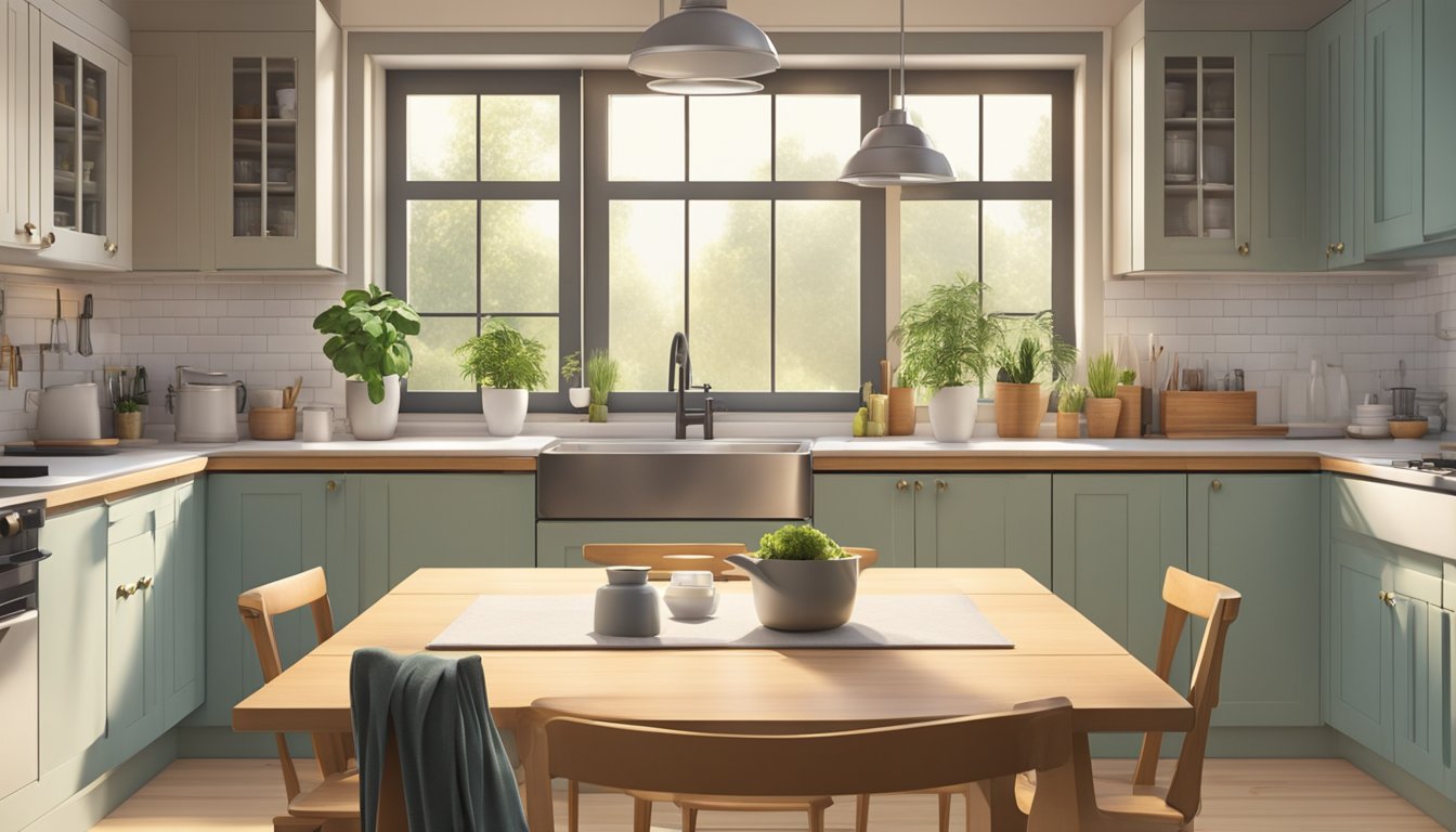 A person measures a small dining table in a cozy kitchen with natural light