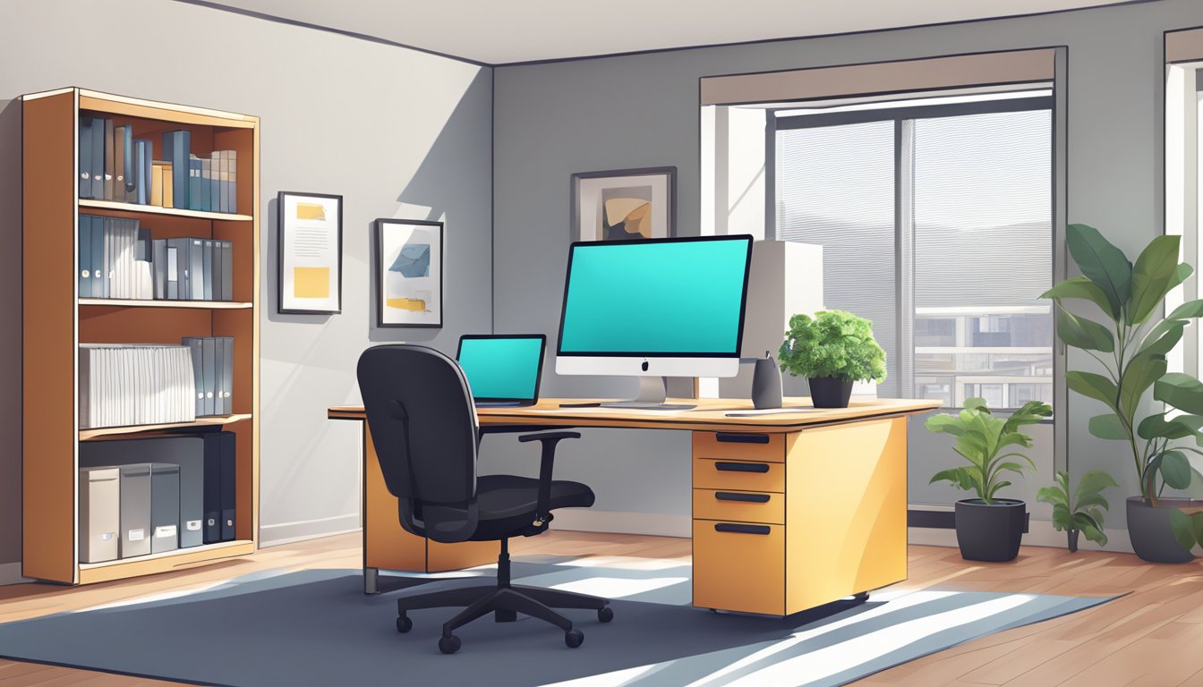 A desk with a computer, ergonomic chair, filing cabinet, and bookshelf in a well-lit office space