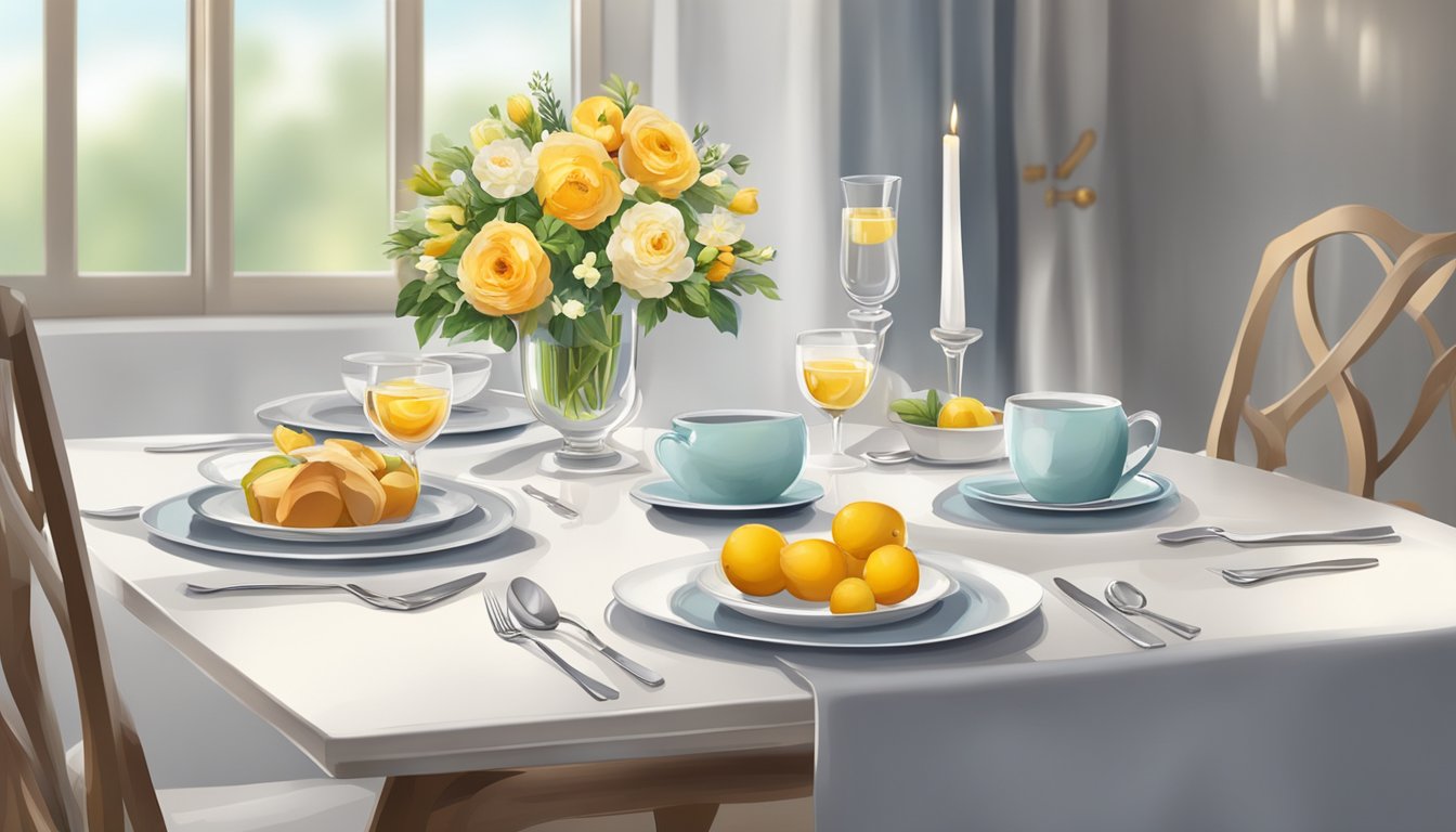 A small dining table set with elegant tableware and fresh flowers