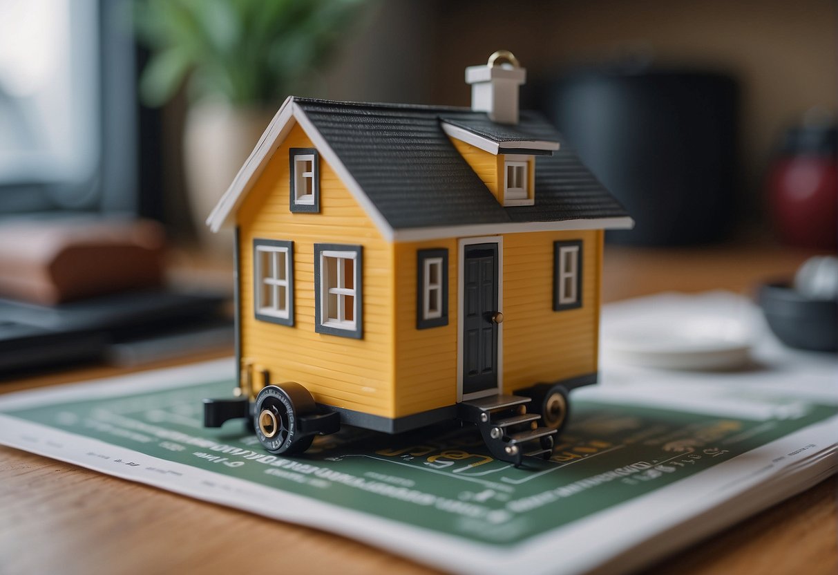 A tiny house surrounded by a measuring tape showing the square footage