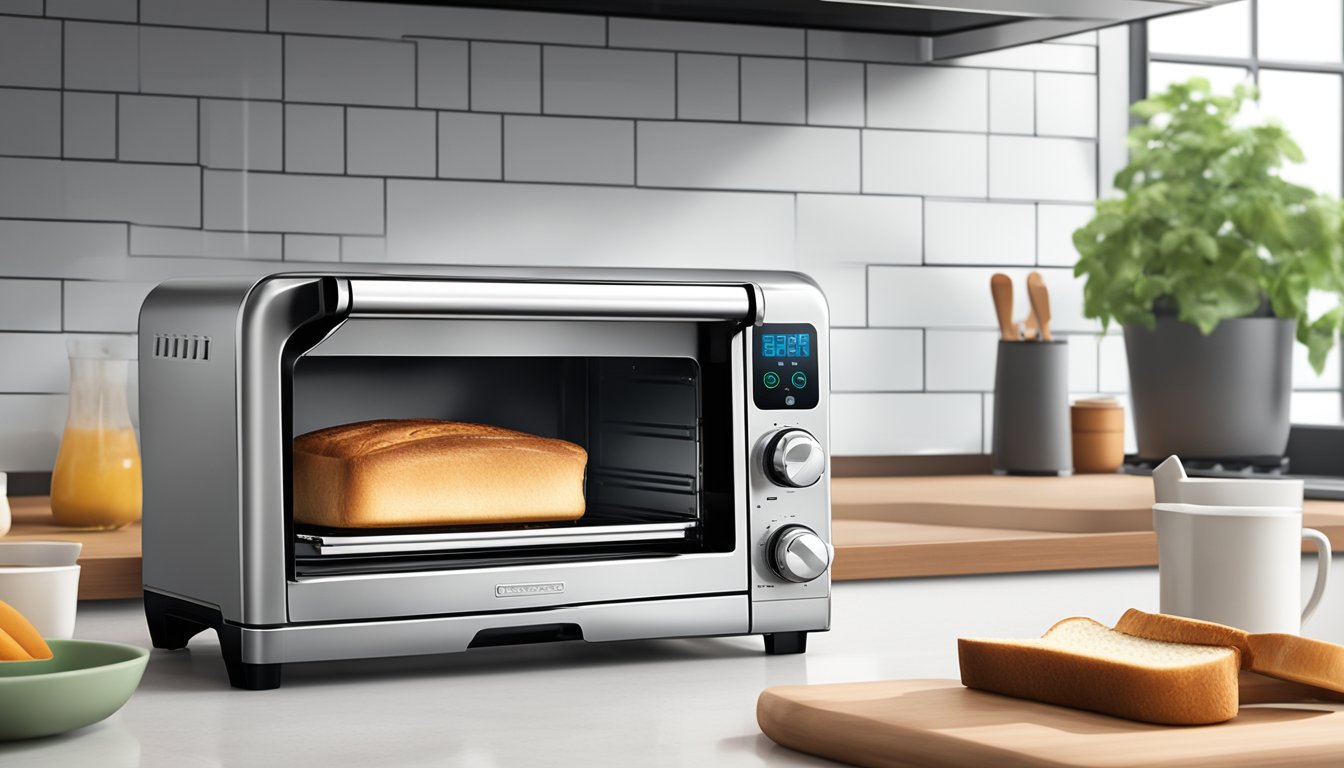 A toaster oven sits on a kitchen counter in a modern Singaporean home, with a steaming piece of toast popping out of its sleek, stainless steel exterior