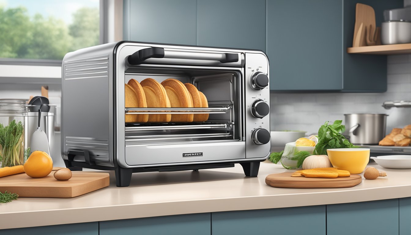 A sleek toaster oven sits on a modern kitchen countertop in Singapore, surrounded by various cooking ingredients and utensils