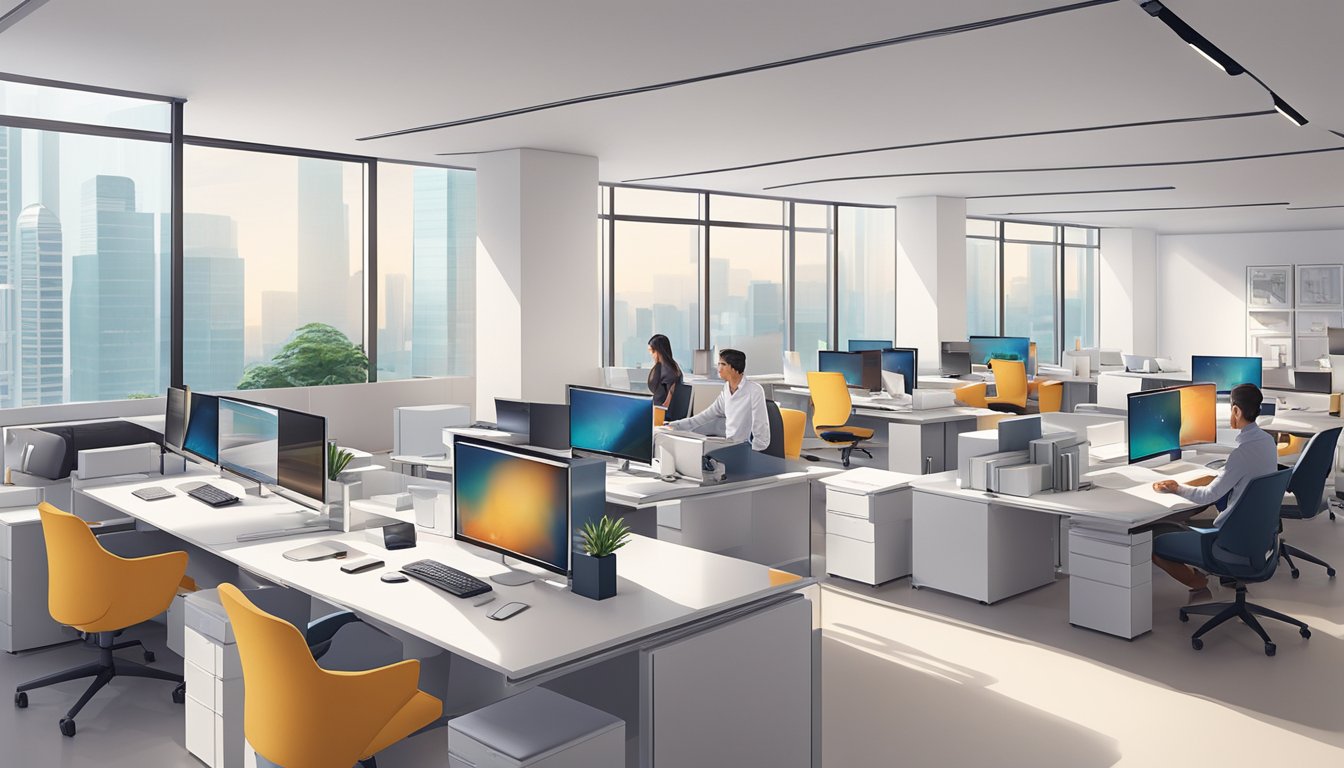 A person in a modern office in Singapore carefully chooses the right furniture, considering style, comfort, and functionality. The office is bright and spacious, with a sleek desk, ergonomic chair, and storage solutions
