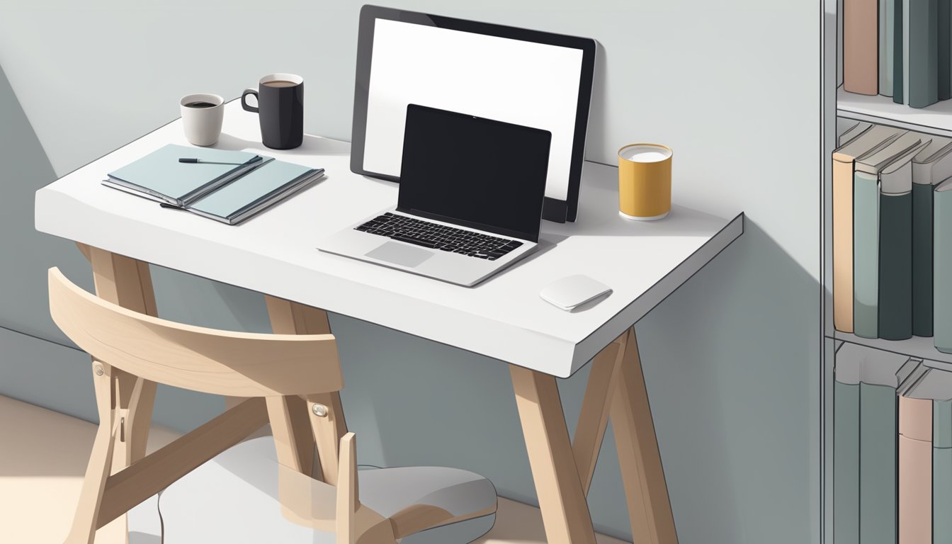 A foldable study table sits against a white wall, with a laptop, books, and a mug on top. The table is compact and easily folded for storage