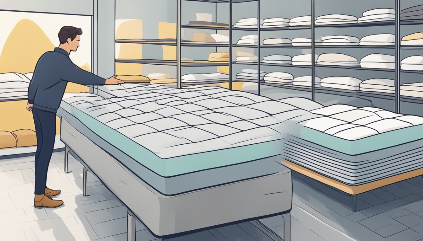 A person carefully choosing a mattress topper from a variety of options displayed in a showroom