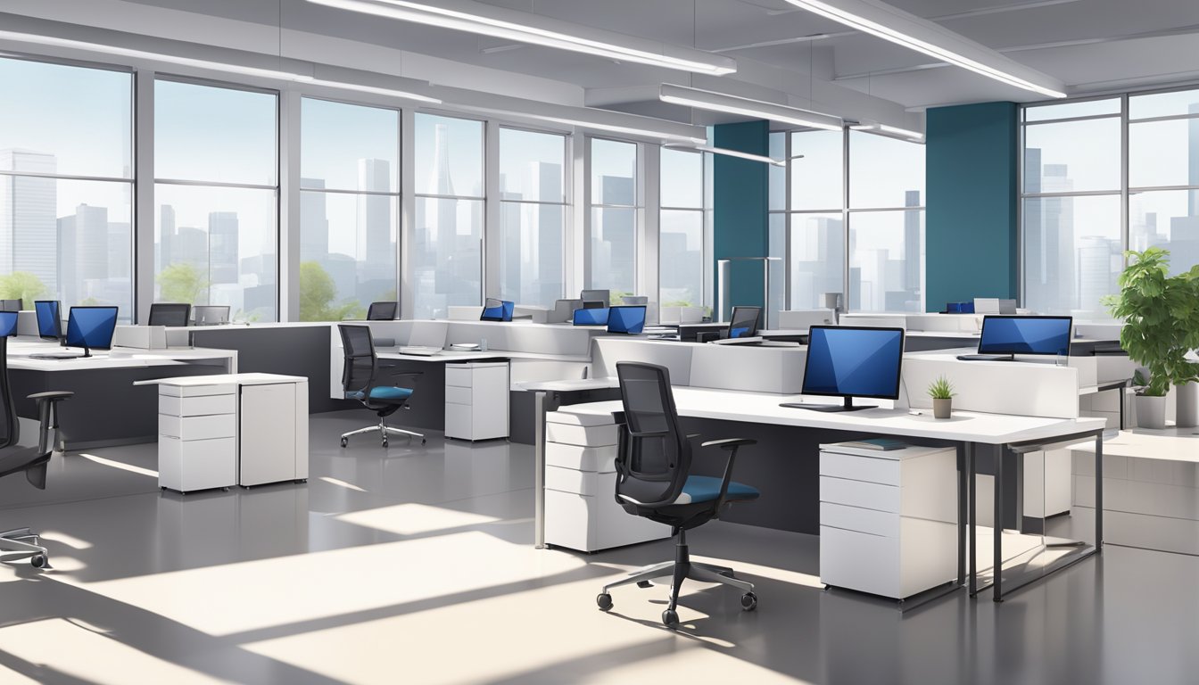 A modern office with sleek desks, ergonomic chairs, and storage units. Bright lighting and a clean, organized layout create a professional atmosphere