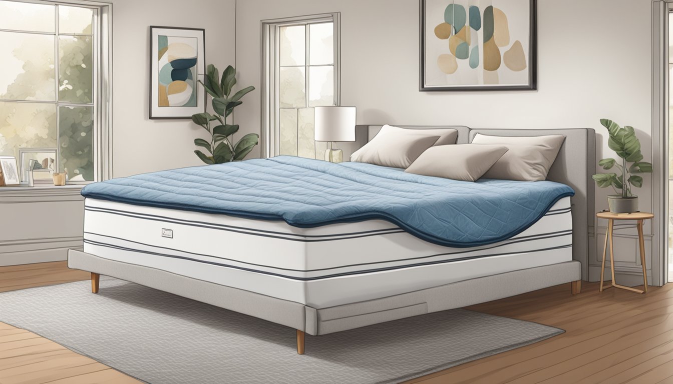 A mattress topper being unwrapped and placed onto a bed in a cozy bedroom setting