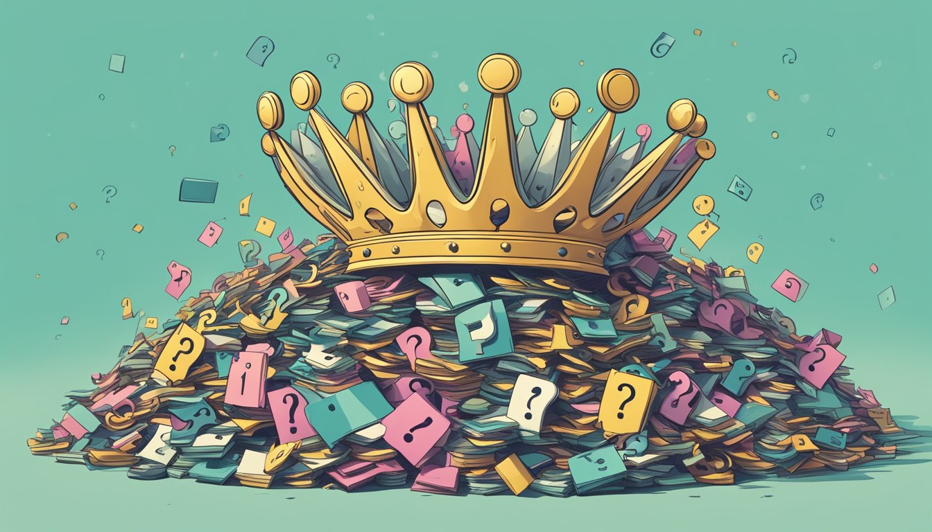 A giant crown atop a pile of question marks, surrounded by smaller crowns and question marks