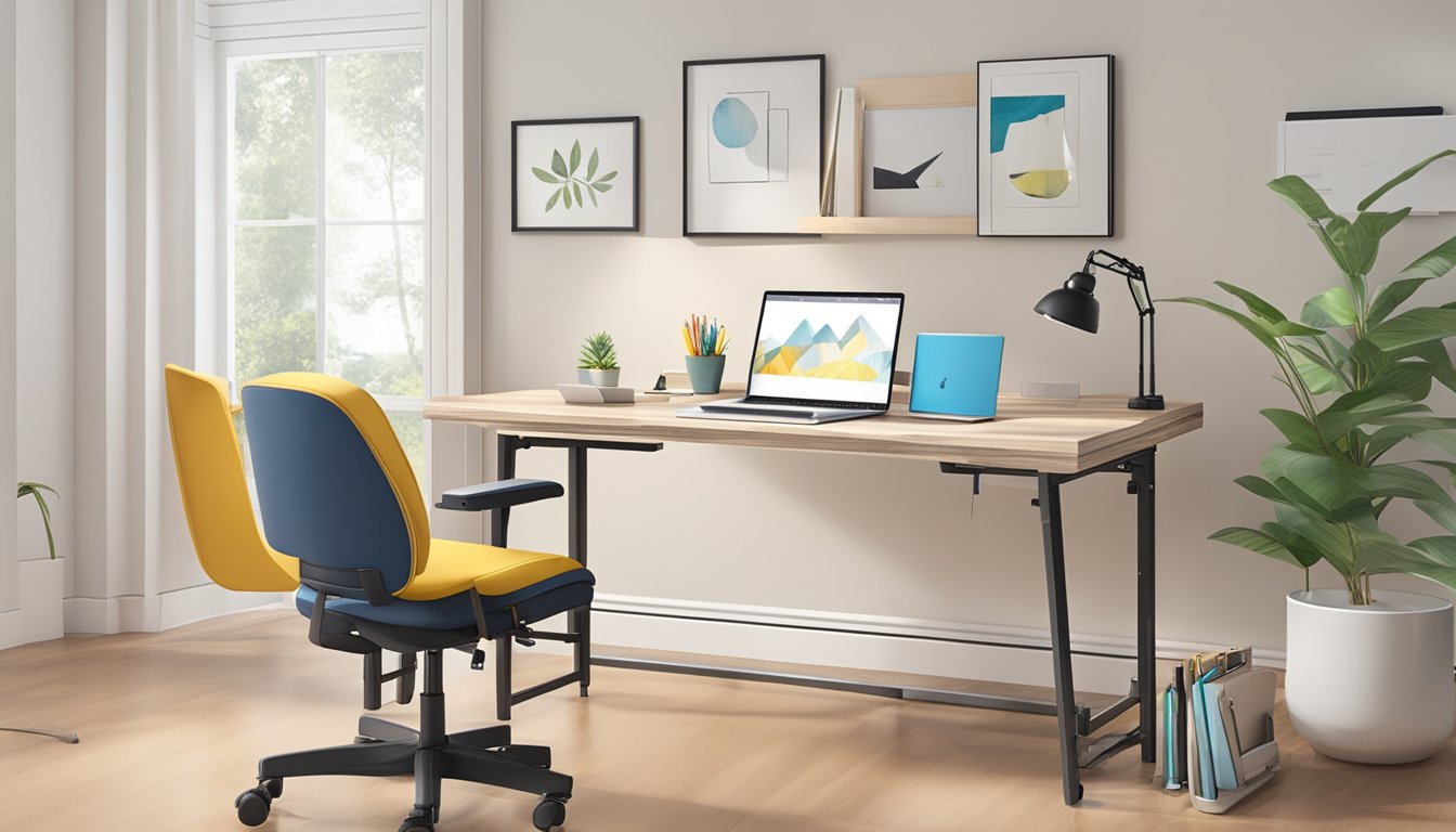 A foldable study table sits on a bright, clutter-free workspace. Its sleek design and adjustable height feature make it versatile and convenient for users