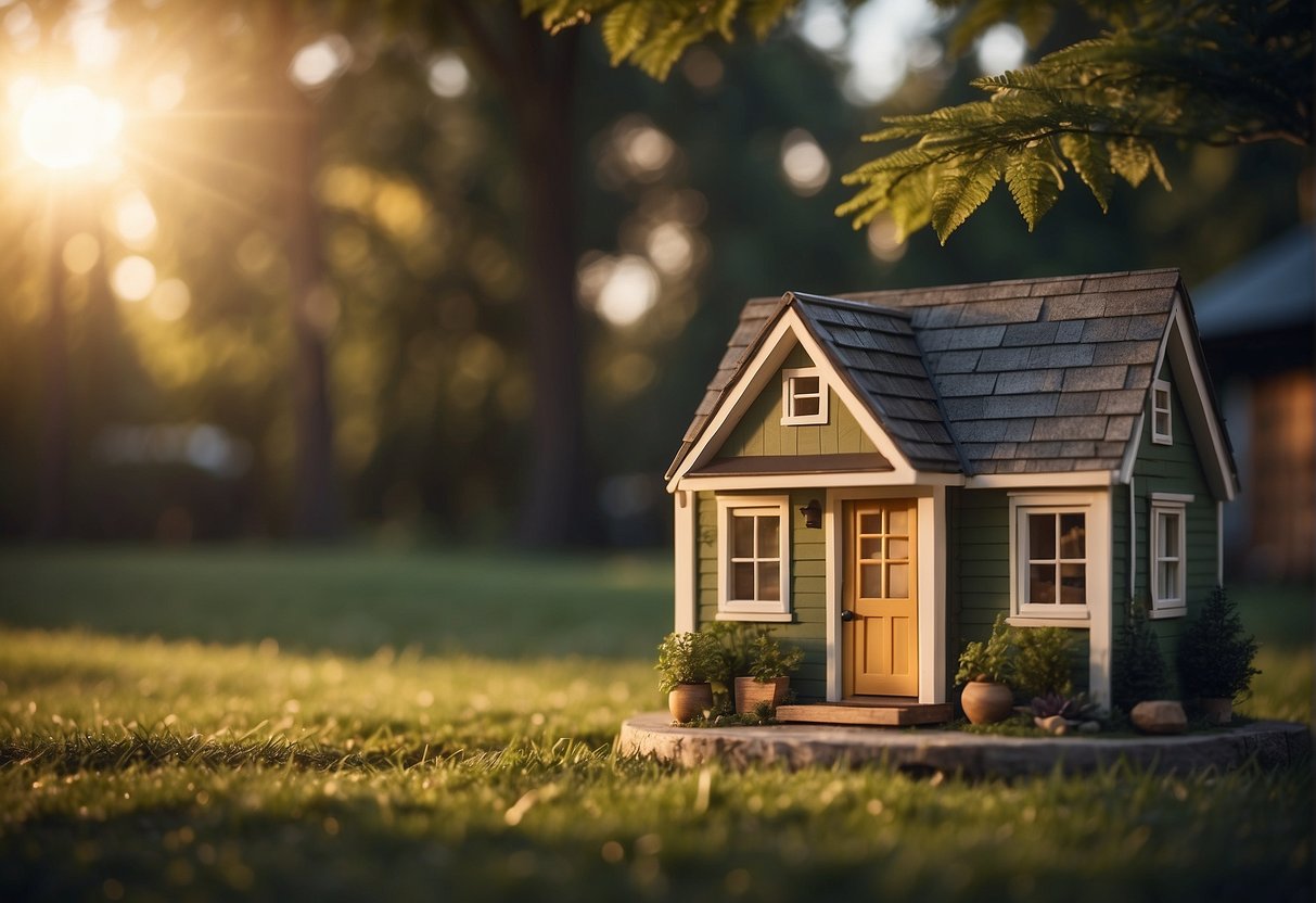 A tiny house with 2 bedrooms sits on a grassy lot, surrounded by trees. A "For Sale" sign is posted out front, and the sun sets in the background