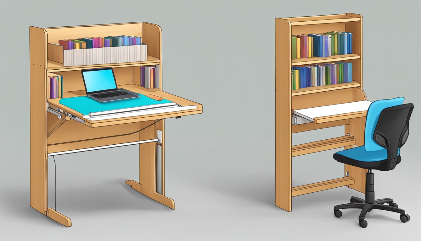 A student unfolds a compact study table, placing books and a laptop on its surface. The table's adjustable height and built-in storage make it ideal for small spaces