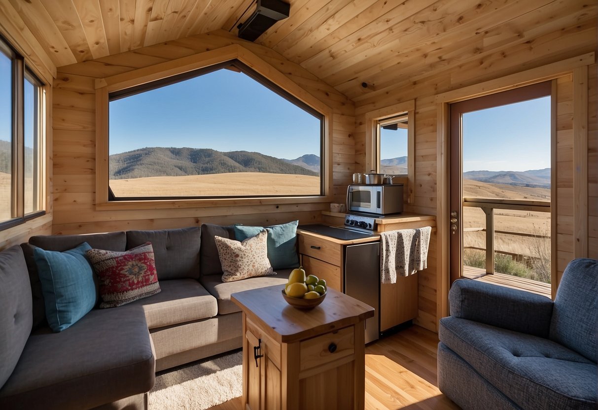 A 2-bedroom tiny house with a lofted living area and a compact kitchen. The exterior features a small porch and large windows, set against a backdrop of rolling hills and a clear blue sky