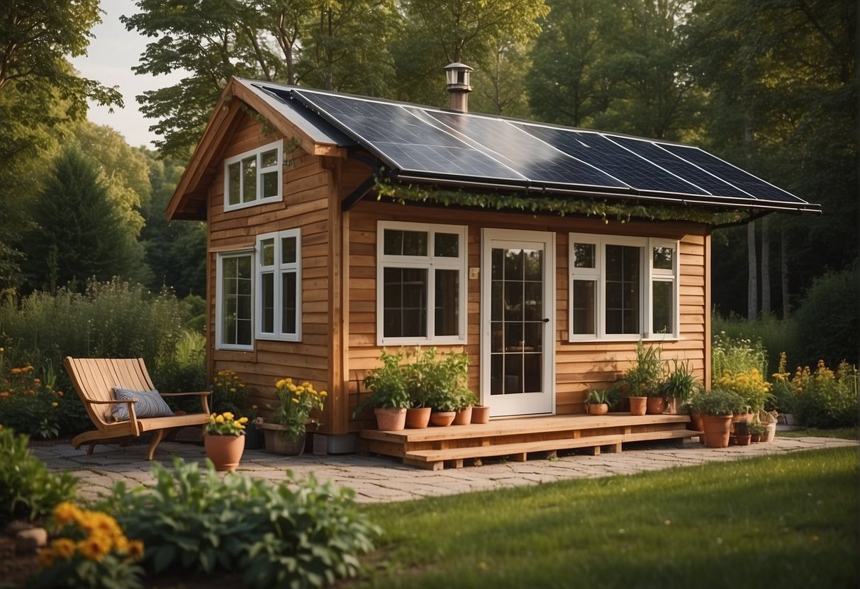 A cozy 2-bedroom tiny house with a loft, surrounded by nature. Solar panels on the roof, a small porch with a rocking chair, and a garden with herbs and vegetables