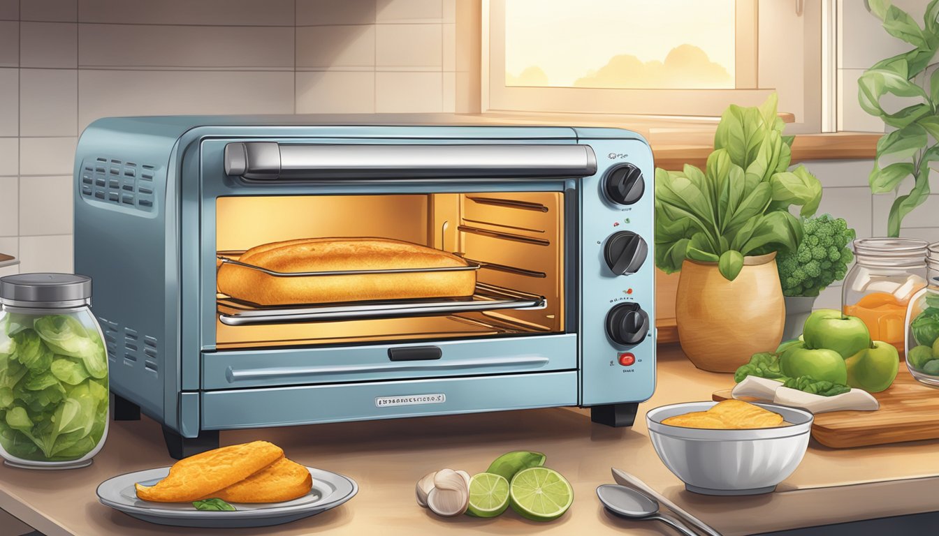 A toaster oven sitting on a kitchen countertop in Singapore, surrounded by various ingredients and utensils