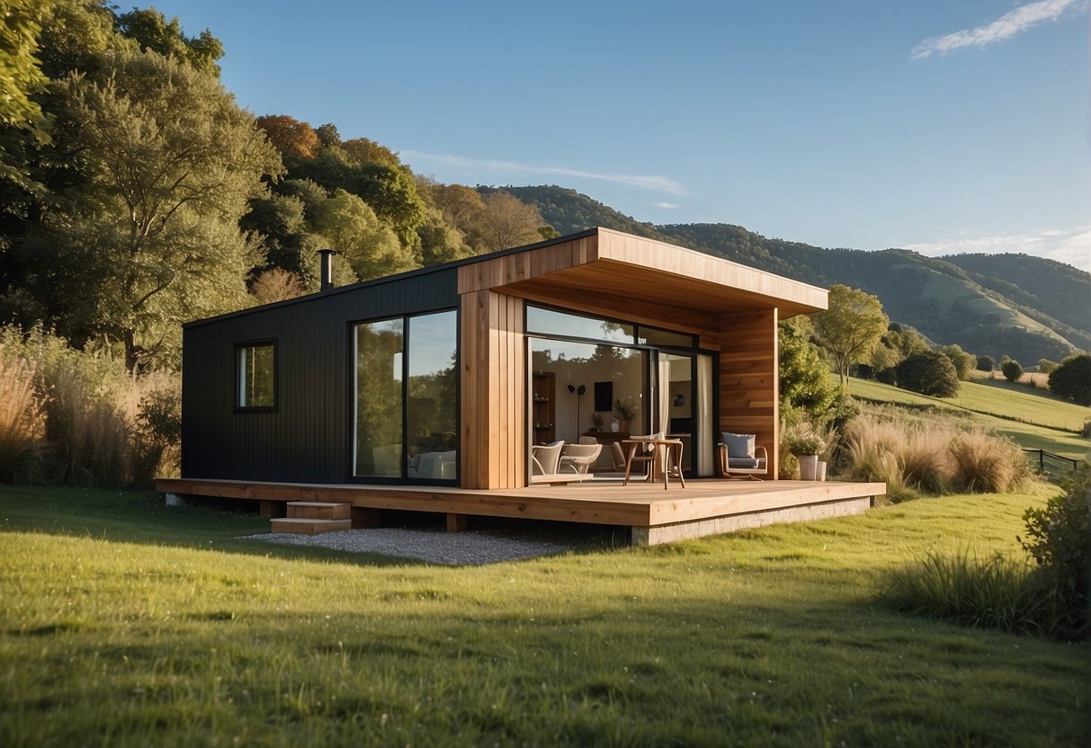 A tiny house with two bedrooms sits against a backdrop of rolling hills and a clear blue sky. The house is surrounded by lush greenery and trees, with a small garden in the front