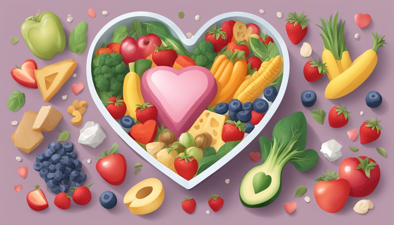 A heart-shaped container filled with magnesium-rich foods surrounded by healthy heart symbols