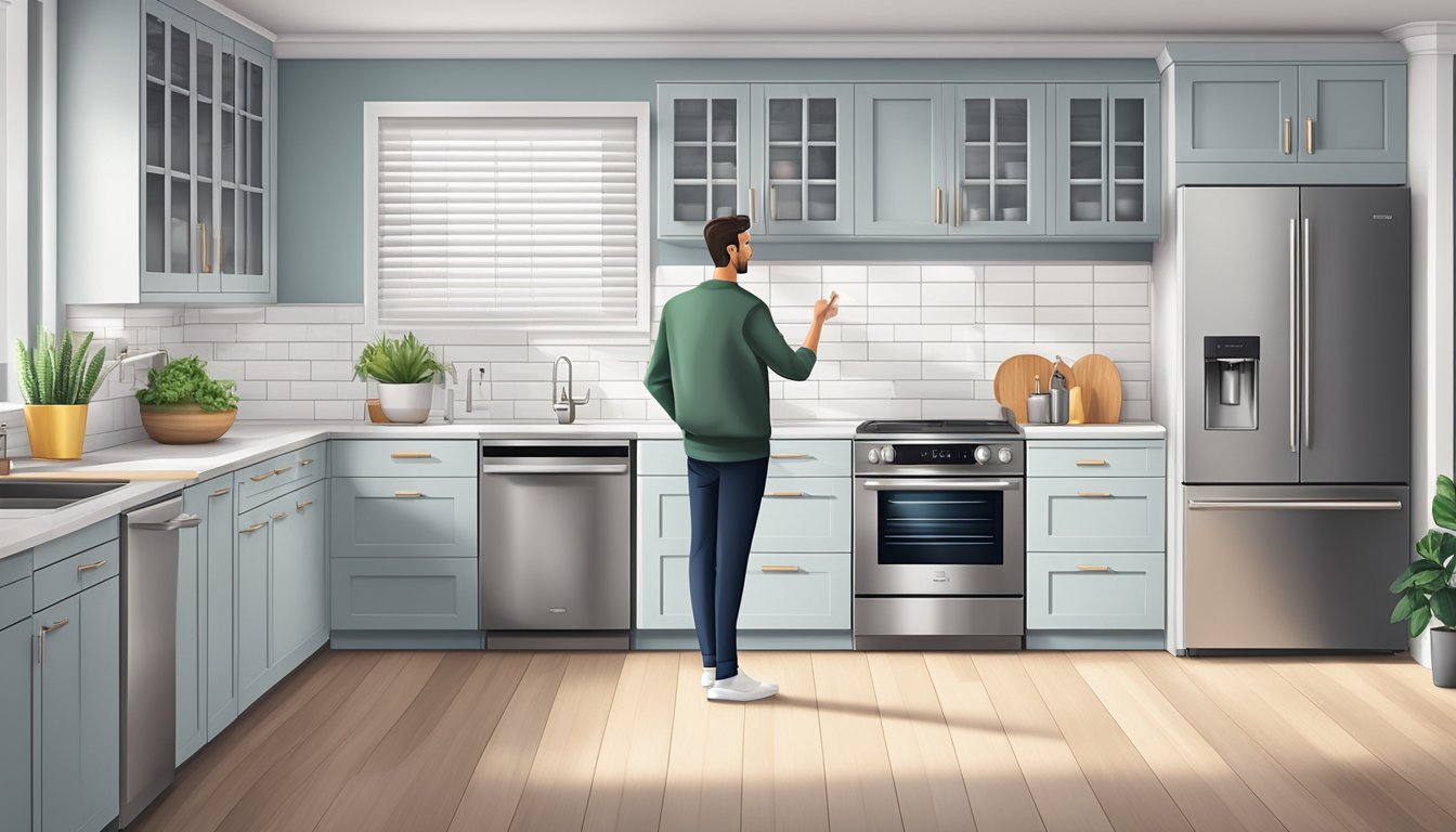 A person stands in front of a row of modern kitchen appliances, including a sleek refrigerator, a stainless steel oven, and a stylish dishwasher