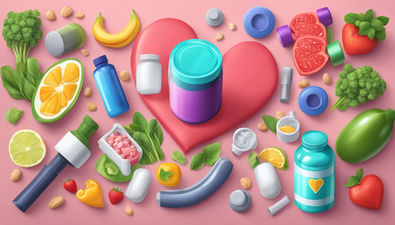 A vibrant heart-shaped magnesium supplement surrounded by healthy food and exercise equipment