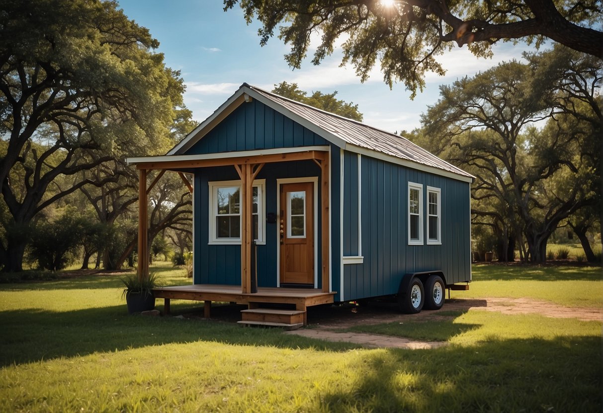 A tiny house sits on a spacious Texas property, surrounded by lush greenery and clear blue skies. The house is well-maintained, with a modern design and a small porch