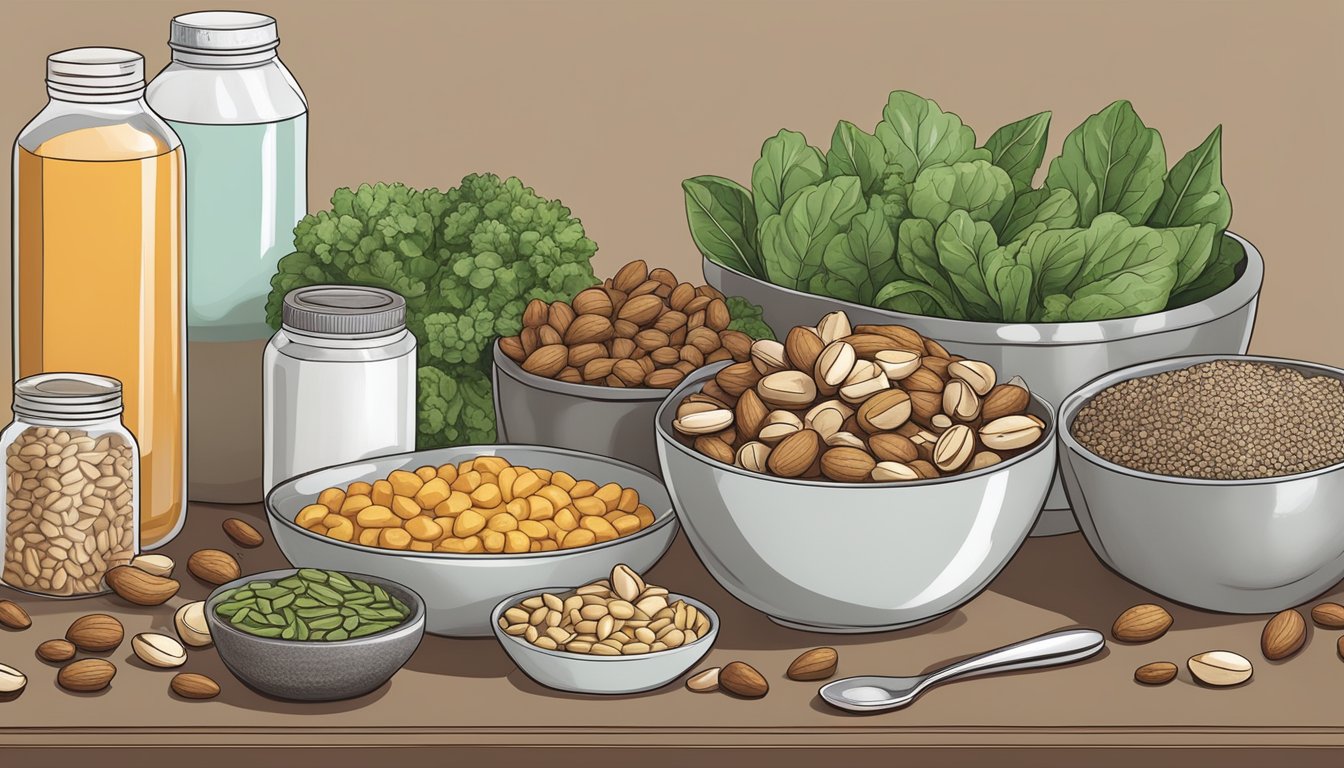 A variety of foods rich in magnesium, such as nuts, seeds, and leafy greens, alongside bottles of magnesium supplements, all arranged on a table
