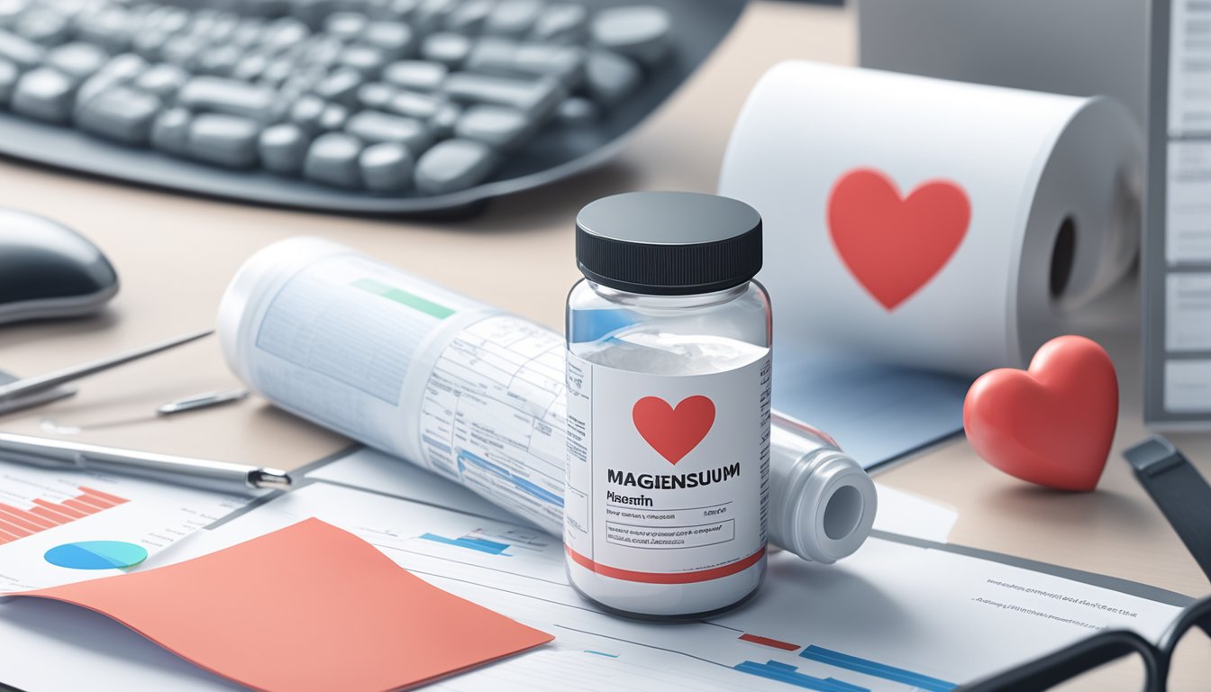 A bottle of magnesium supplements with a heart symbol on the label, surrounded by medical research papers and a computer showing heart health statistics