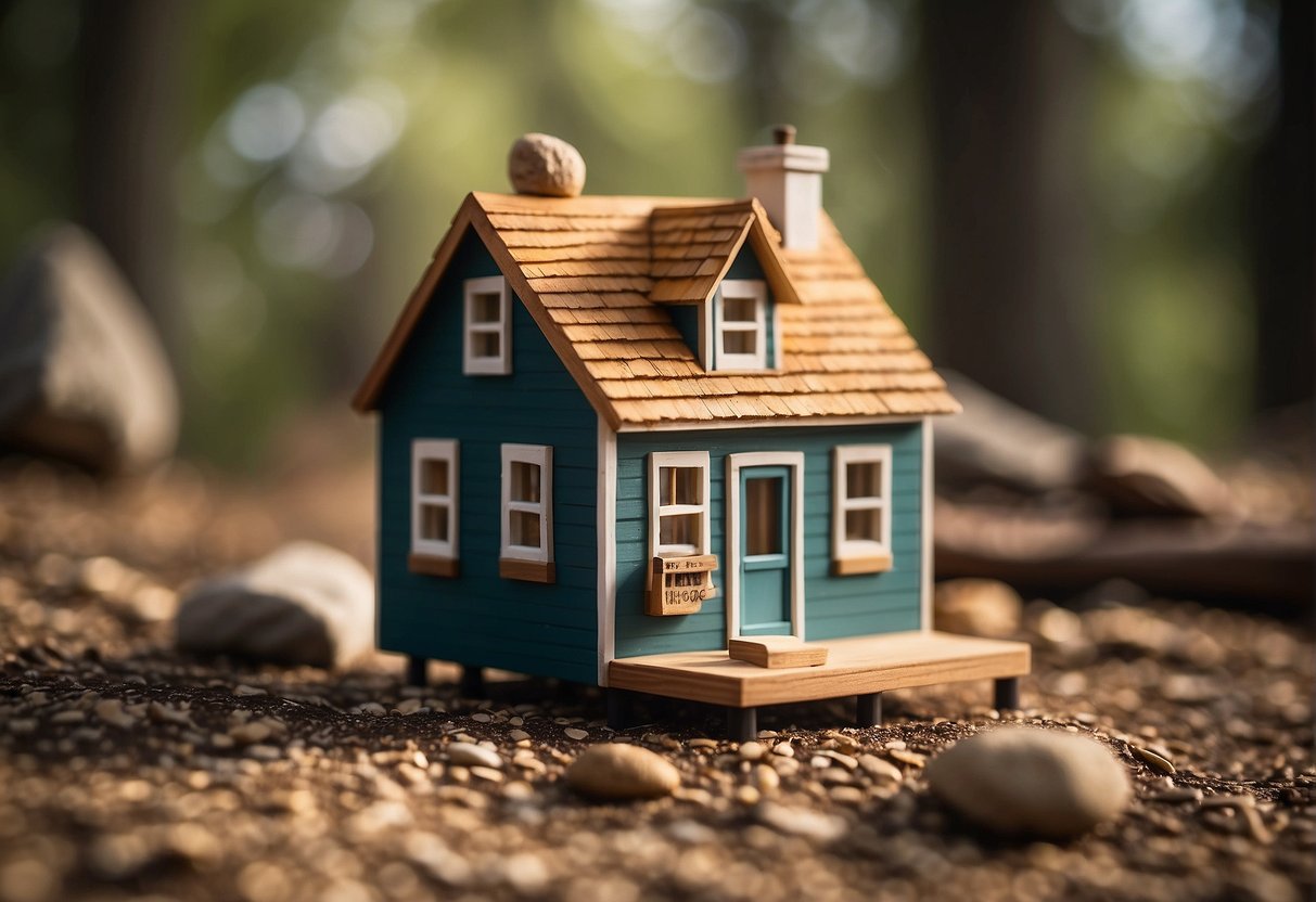 A tiny house sits in a Texas landscape, with a price tag displayed prominently. Legal and logistical considerations are depicted in the background