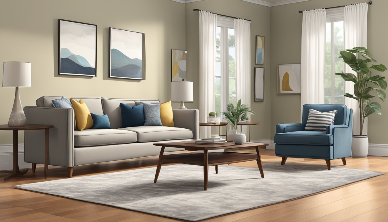 A 3-seater sofa, 84 inches long, 36 inches deep, and 33 inches high, sits in a spacious living room with neutral-colored walls and hardwood floors