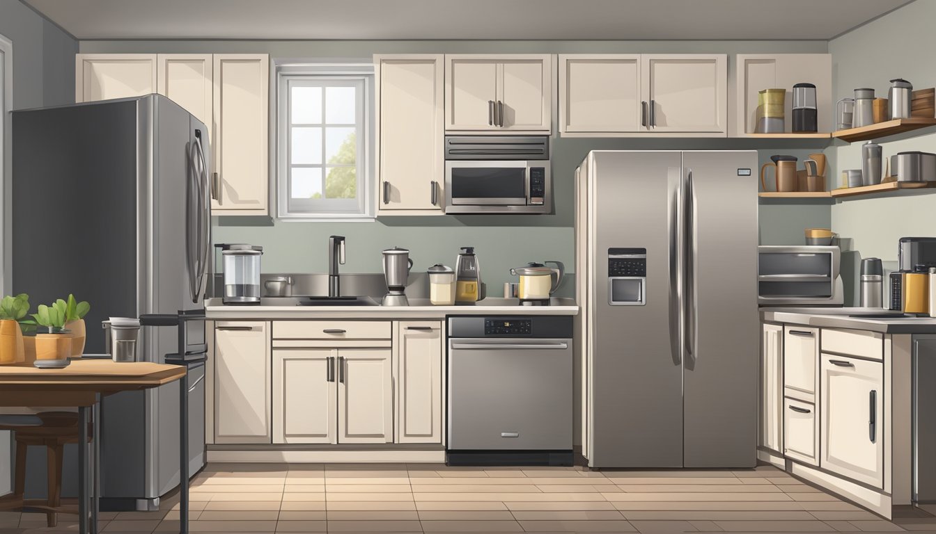 The kitchen appliances are neatly arranged on the counter, with a toaster, blender, coffee maker, and microwave. The refrigerator stands tall in the corner, while the stove and oven are ready for use