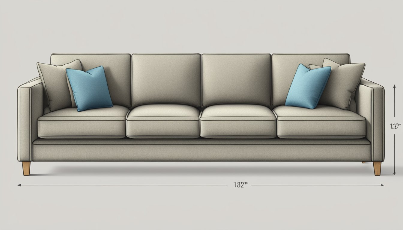 A 3-seater sofa with dimensions labeled and a list of frequently asked questions surrounding it