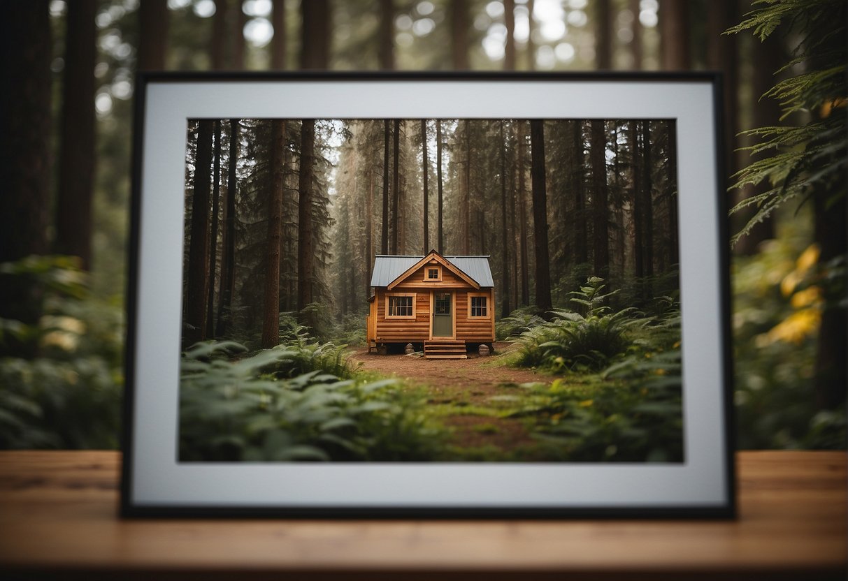 A tiny house surrounded by nature with a sign displaying "Cost: $XX,XXX" and a small price tag next to it