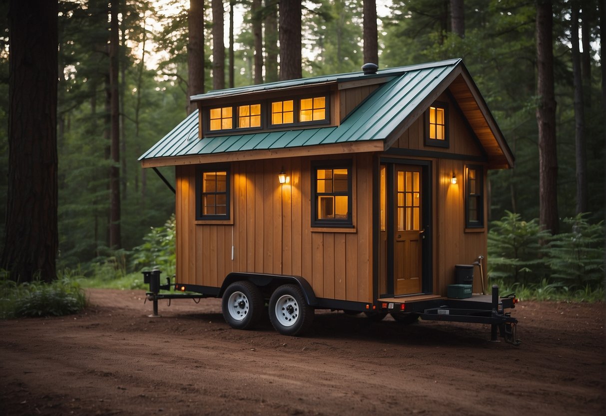 A tiny house sits on a trailer, surrounded by trees. A cost breakdown chart is visible next to it