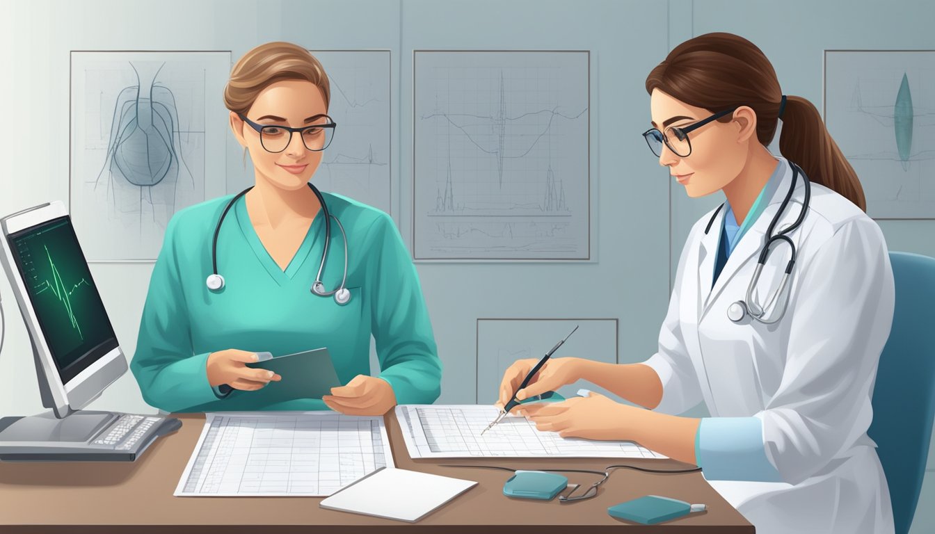 A cardiologist carefully examines a patient's ECG results, while a nurse prepares the necessary equipment for a cardiac catheterization procedure