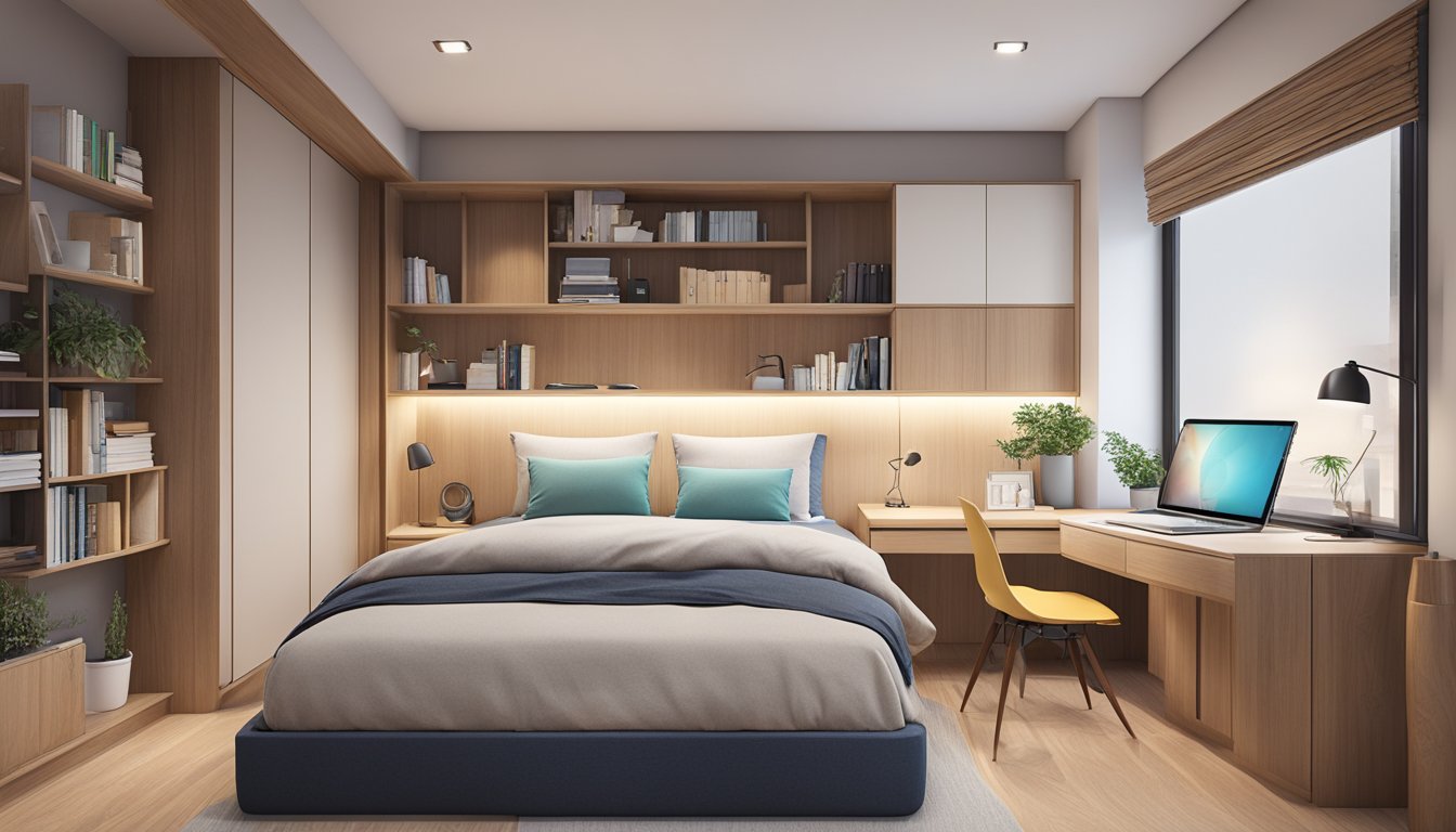 A cozy HDB bedroom with a built-in study table, cleverly maximizing space with integrated storage solutions and minimalistic design