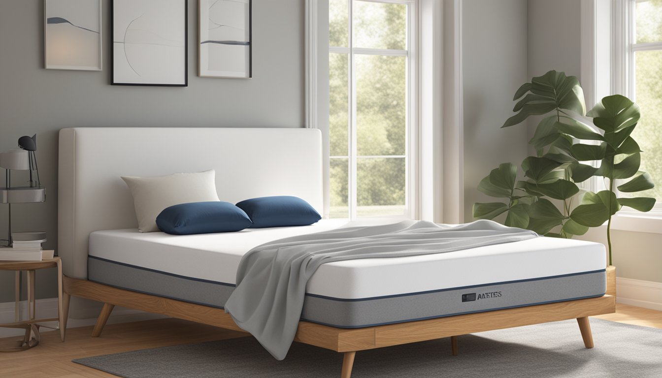 A single size mattress, measuring 38 inches wide and 75 inches long, sits alone in a well-lit room. The mattress is neatly made with crisp, white sheets and a plump pillow at one end