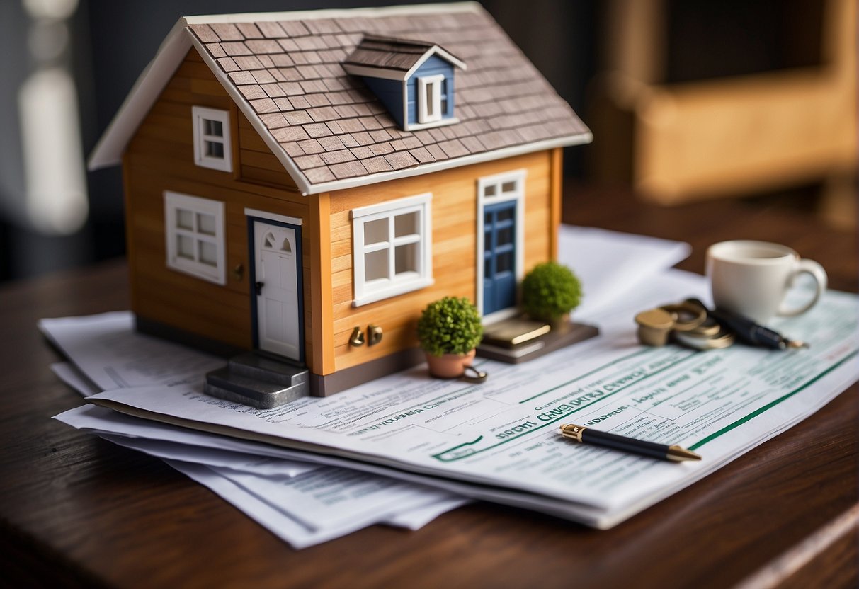 A tiny house surrounded by a checklist of additional expenses and considerations, with dollar signs and question marks floating above