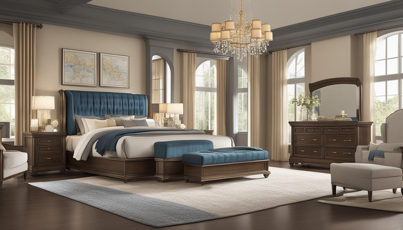 A luxurious queen bedroom set on clearance, with a grand bed, elegant nightstands, and a beautiful dresser with a mirror. Rich, warm colors and plush fabrics create a cozy and inviting atmosphere