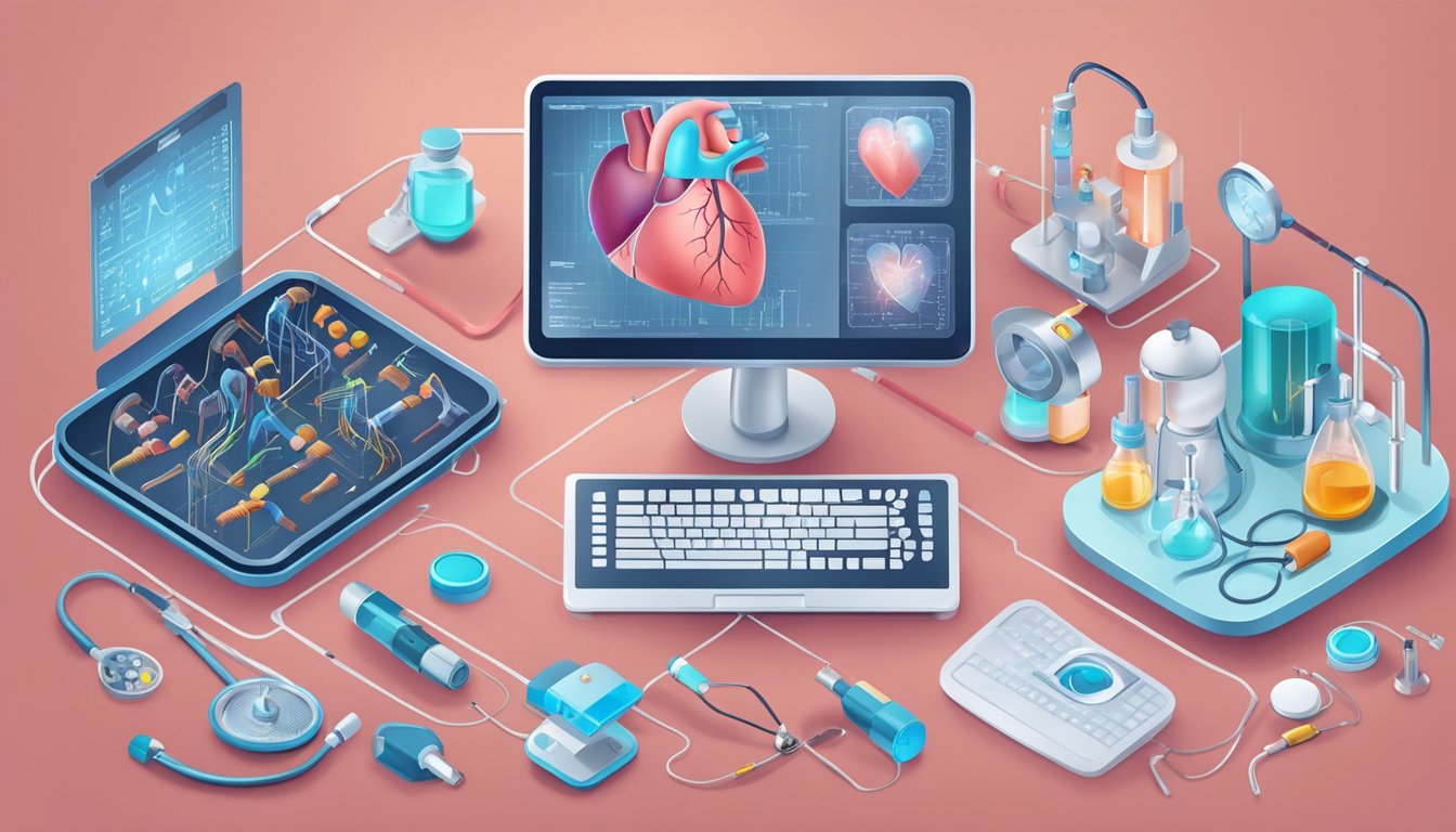 A heart with genetic and rare cardiac conditions, surrounded by medical equipment and diagnostic tools