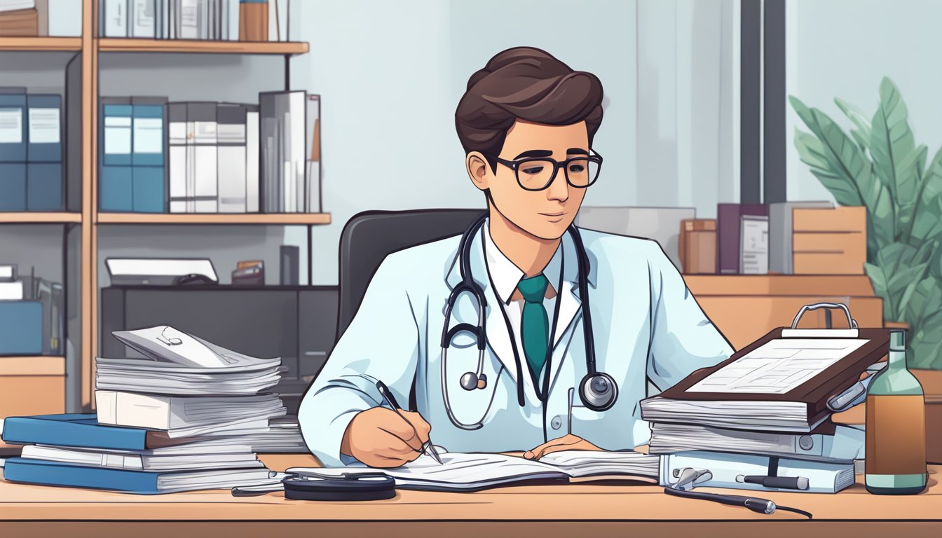 A doctor reviewing a stack of cardiology cases with a stethoscope and medical charts on a desk