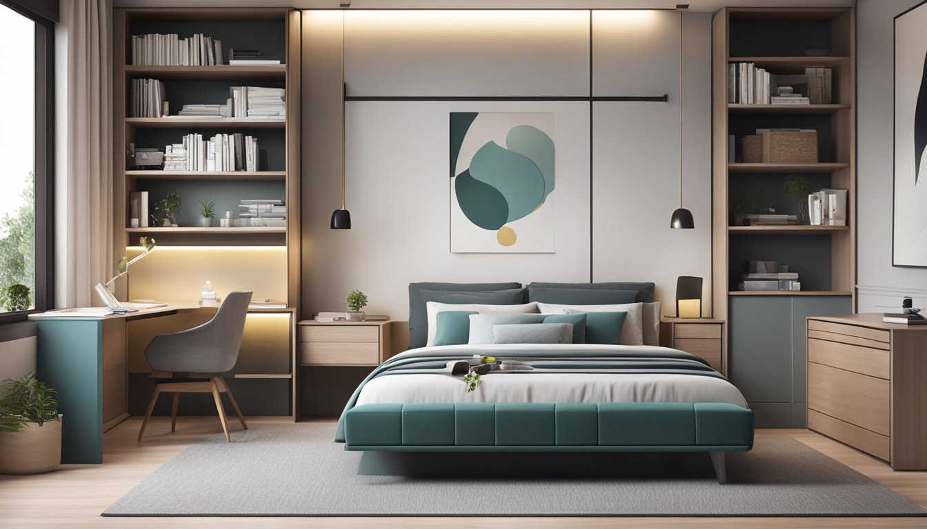 A modern bedroom with a sleek study table, minimalist decor, and integrated storage solutions