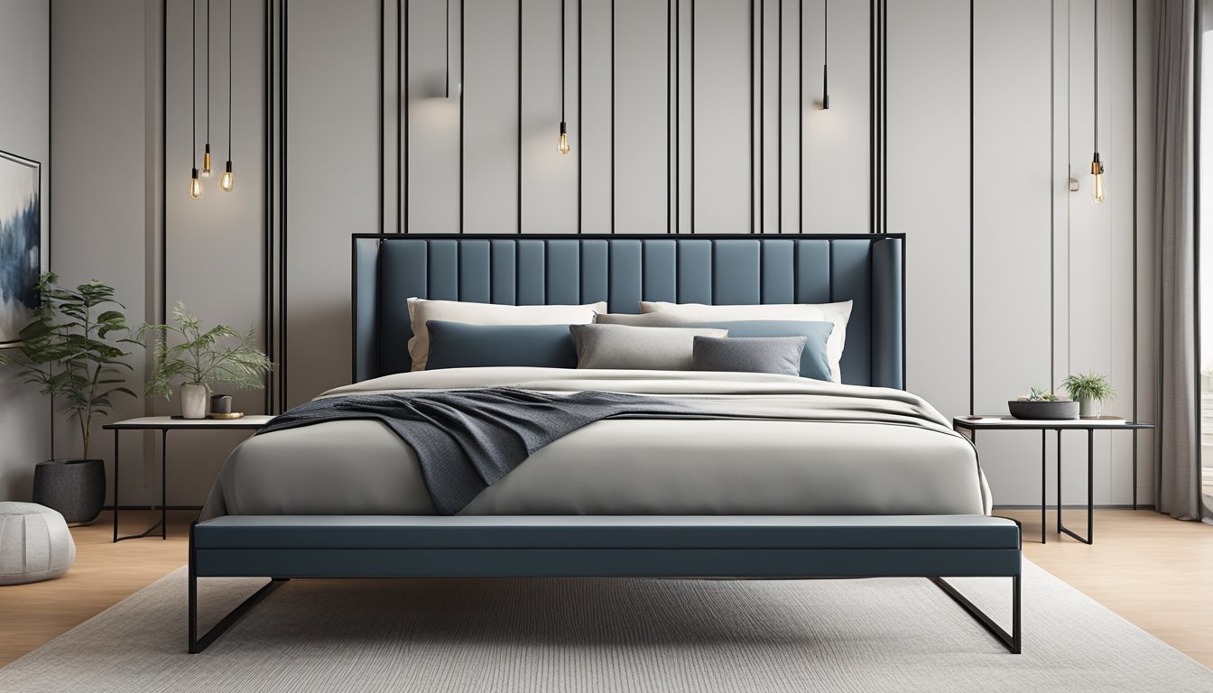 A metal bed frame stands in a modern Singapore bedroom, with clean lines and sleek design