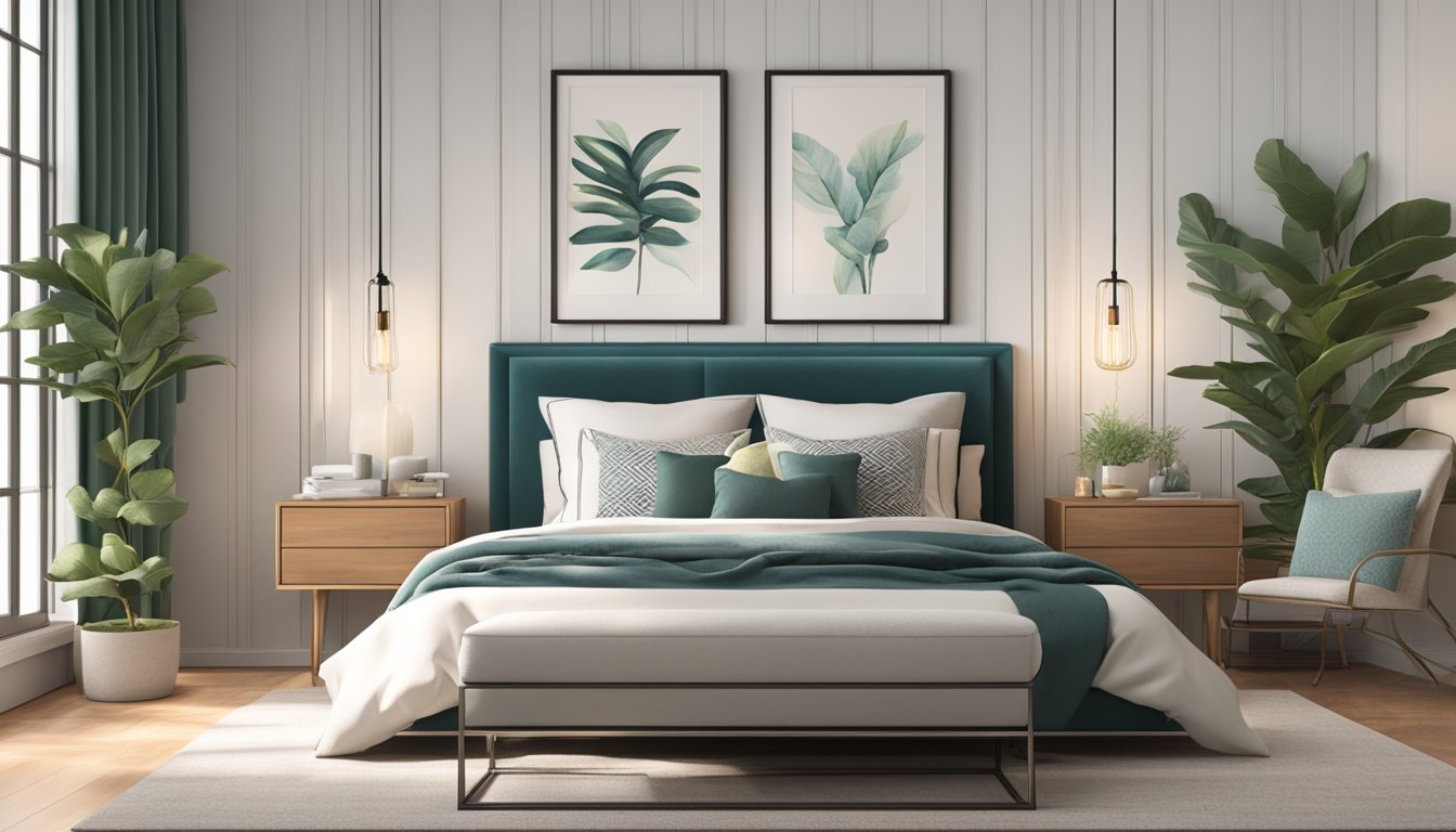 A cozy bedroom with a sleek metal bed frame as the focal point, adorned with plush pillows and a soft duvet. A nightstand with a lamp and a potted plant add a touch of warmth to the room