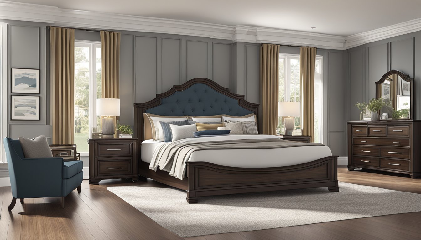 A spacious bedroom with a queen-sized bed, matching nightstands, and a large dresser, all on clearance. Rich, dark wood and elegant details give the set a luxurious feel